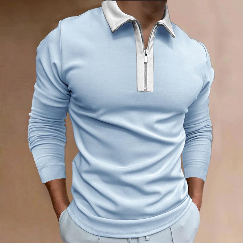 Mens Casual Color Block Zip Lapel Long Sleeve Polo Shirt 05045854Y