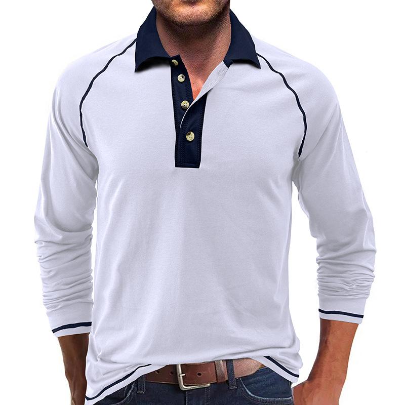 Mens Casual Color Contrasting Lapel Long Sleeve Polo Shirt 04563249M