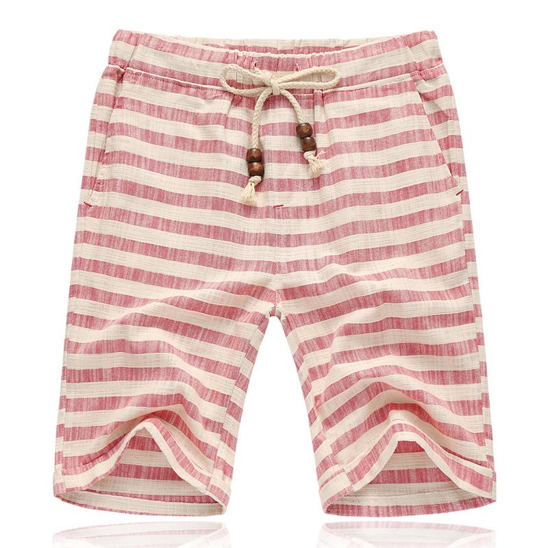 Mens Casual Cotton Linen Stripe Elastic Waist Straight Shorts 54118289M