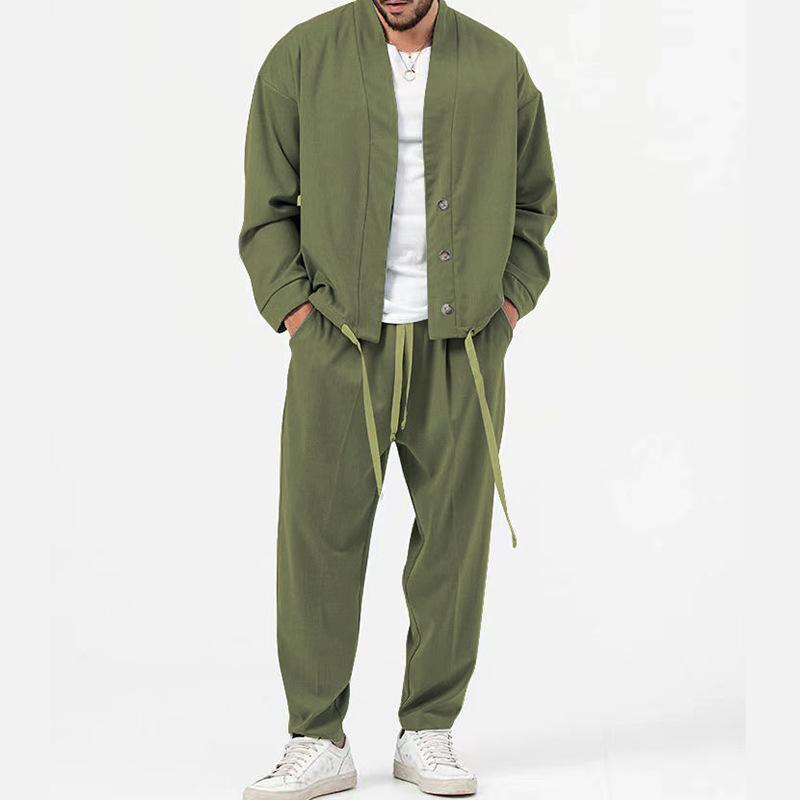 Mens Solid Loose Collarless Cardigan Trousers Casual Set 26852204Z