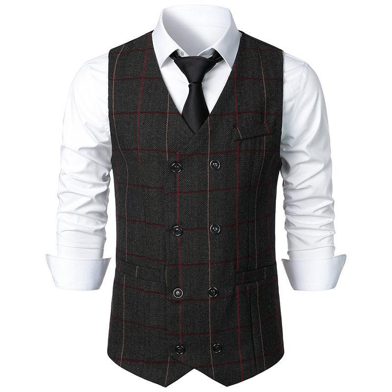 Mens Vintage Plaid V Neck Double Breasted Suit Vest 70463888Z