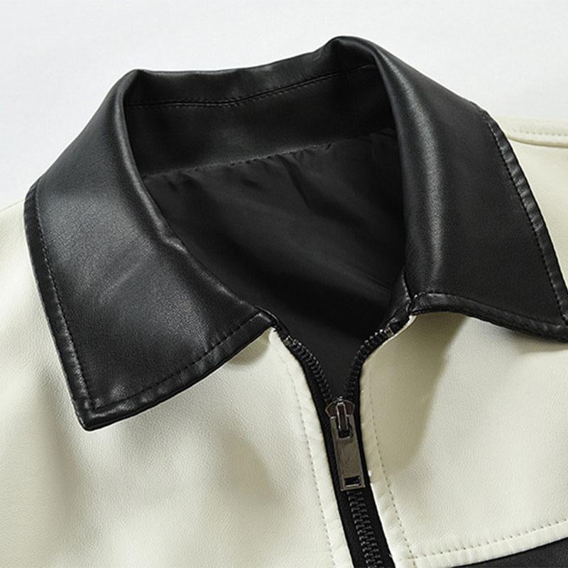 Mens Stylish Colorblock Pathcwork Lapel Leather Motorcycle Jacket 84370903M
