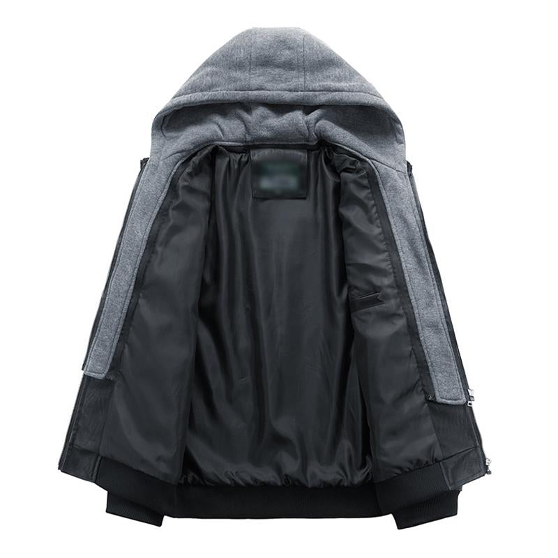 Mens Vintage Removable Hood Loose Zipper Leather Cargo Jacket 37832565M