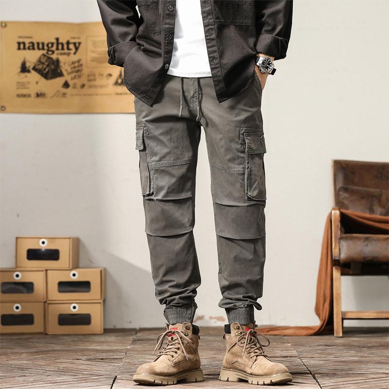 Mens Solid Color Multi-Pocket Elastic Cargo Pants 57353581X