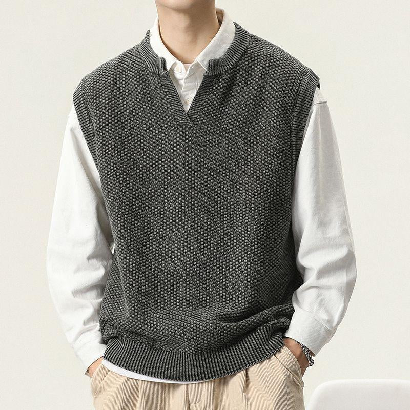 Mens Vintage Solid Color V-Neck Loose Pullover Knit Vest 09992875Y