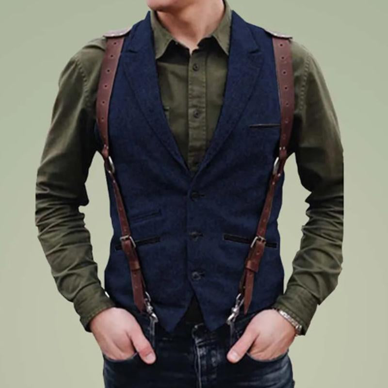 Mens Vintage Lapel Single-Breasted Multi-pocket Herringbone Vest 59356841M
