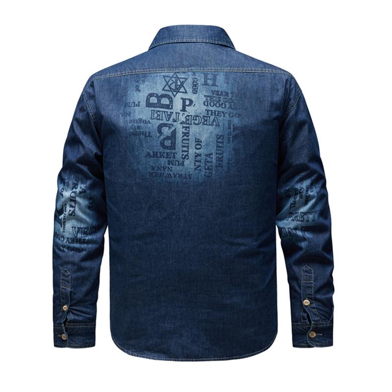 Mens Casual Letter Print Denim Long Sleeve Shirt 68203346Y