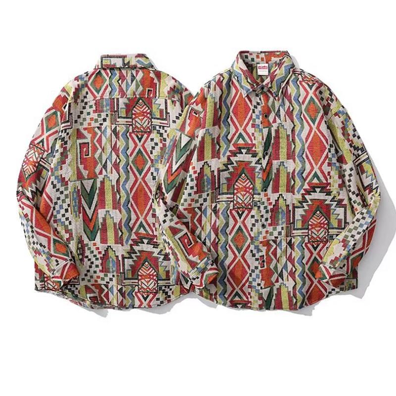Mens Vintage Loose Ethnic Style Lapel Overshirt 44558268Y