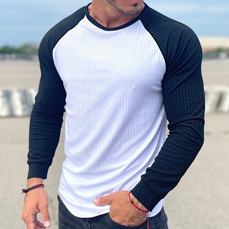 Mens Round Neck Patchwork Casual Long-sleeved T-shirt 70813664X