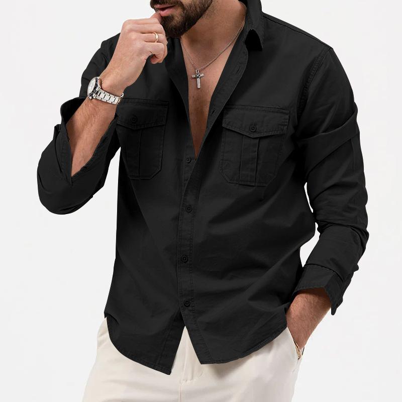Mens Solid Lapel Breast Pocket Long Sleeve Cargo Shirt 02290668Z