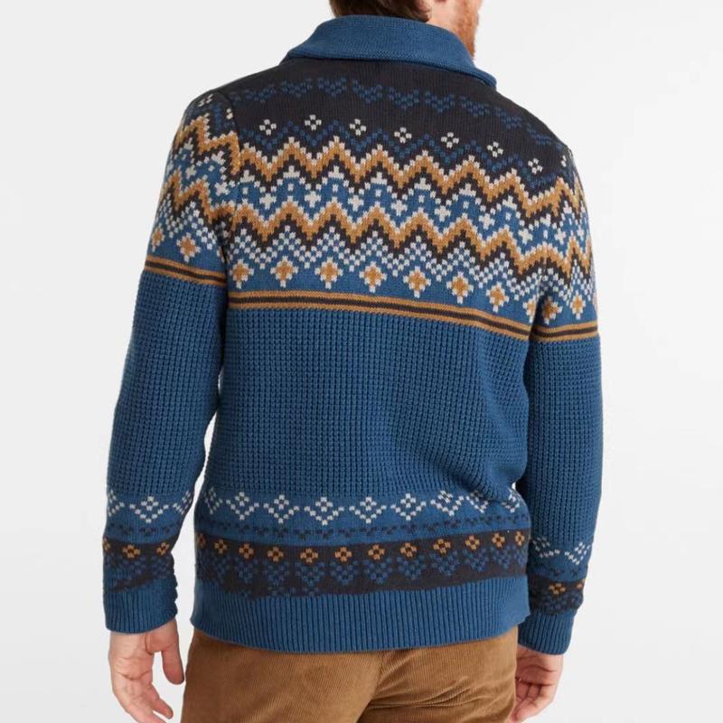 Mens Vintage Lapel Jacquard Long Sleeve Cardigan 74476001Y