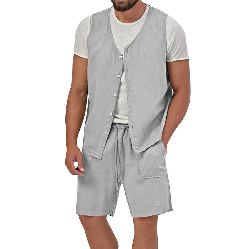 Mens Casual Loose Solid Color Sleeveless Vest Shorts Set 61445702X