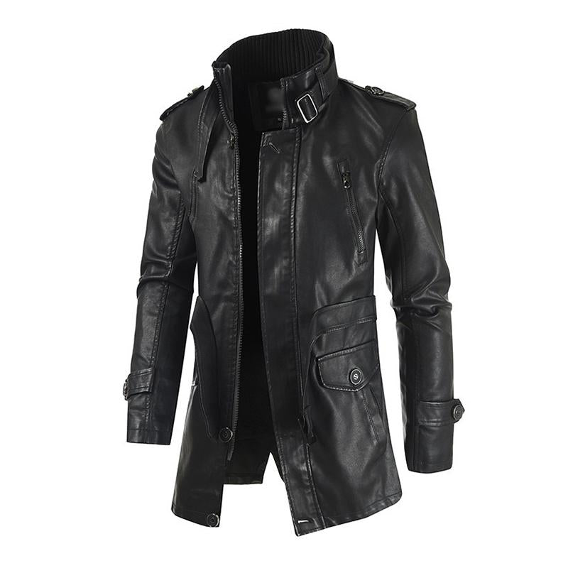 Mens Vintage Stand Collar Thickened Warm Mid-Length Zippered Leather Coat 59546013M