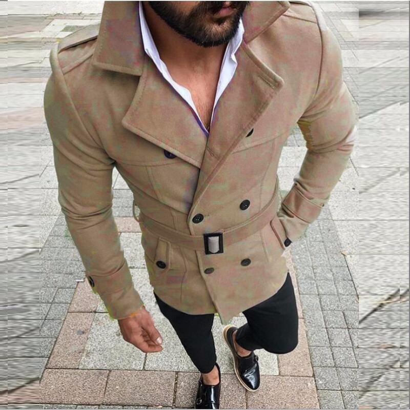 Mens Vintage Solid Color Wool Blended Lapel Double Breasted Belted Coat 64468270M
