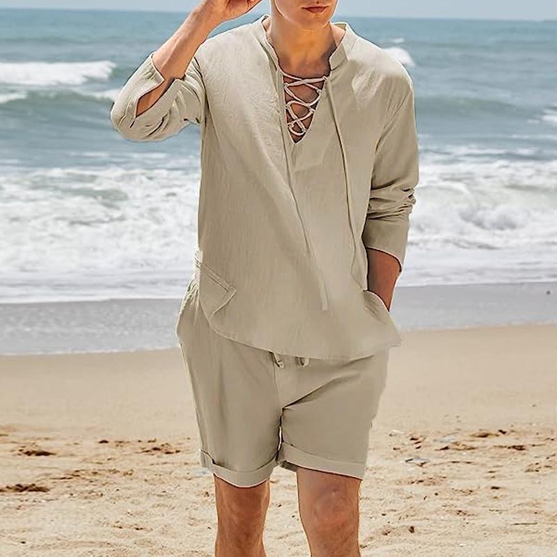 Mens Casual Solid Color Cotton Bandage Stand Collar Long Sleeve Shirt Shorts Set 59552911Y