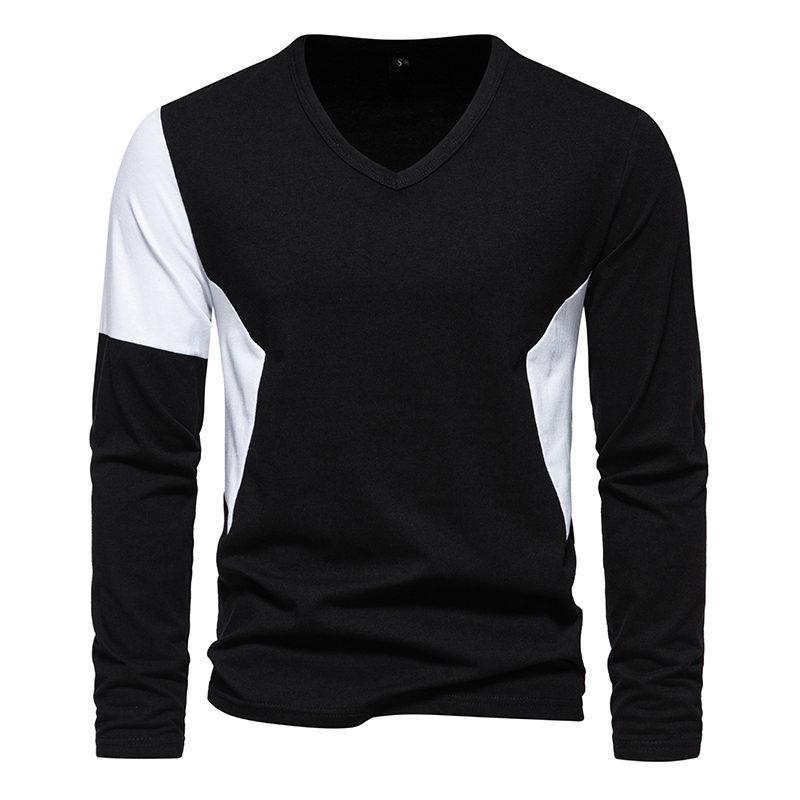 Mens Casual V-Neck Color Block Long Sleeve T-Shirt 96547744Y
