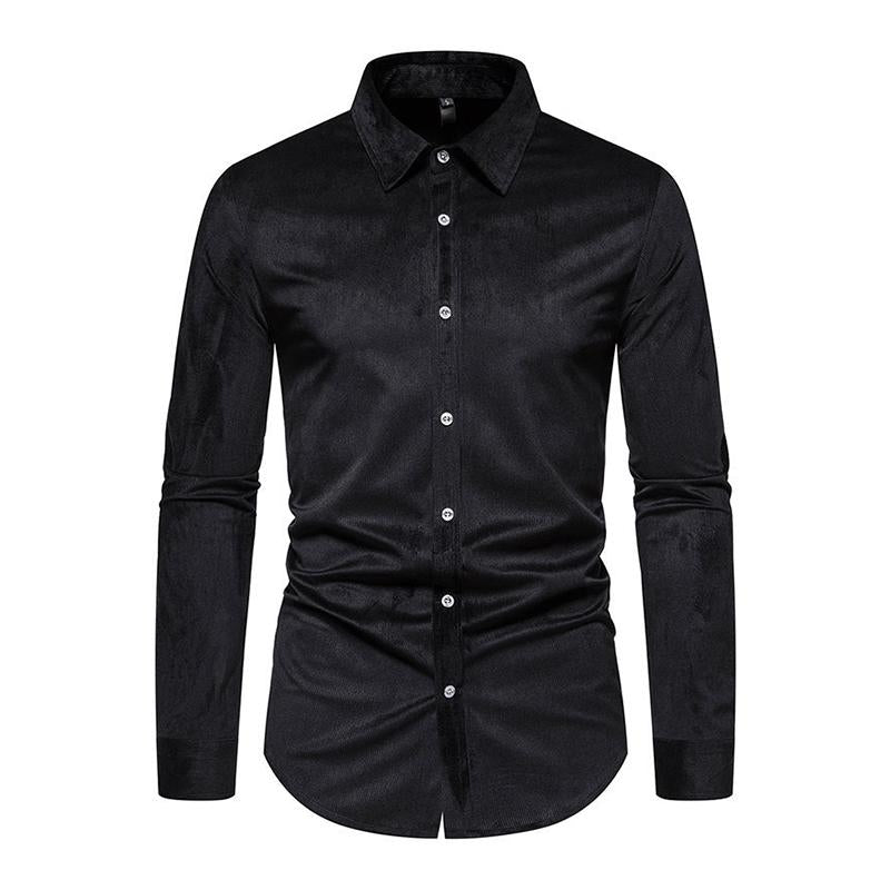 Mens Casual Solid Color Corduroy Slim Lapel Button Long Sleeve Shirt 82245034M