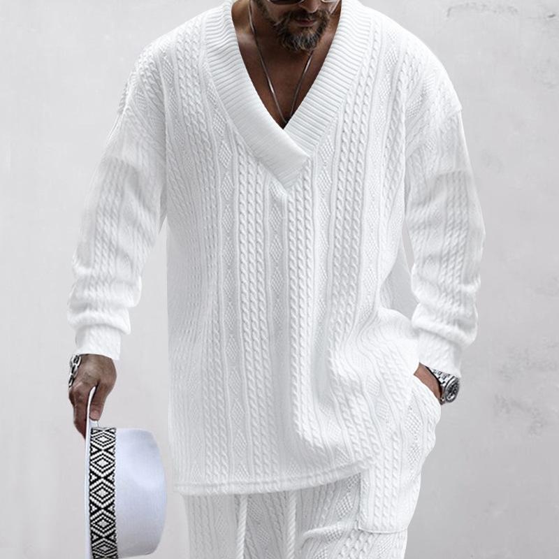 Mens Solid V-Neck Jacquard Knitwear Long Sleeve Top And Trousers Set 04682453Z