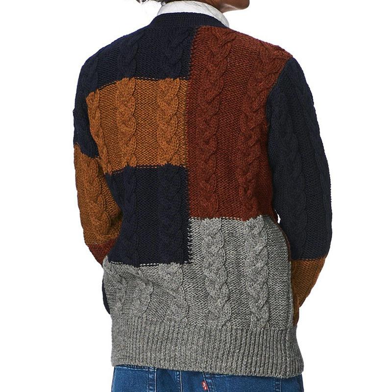 Mens Retro Color Contrast Knitted Cardigan V-neck Long-sleeved Sweater Jacket 74769346X