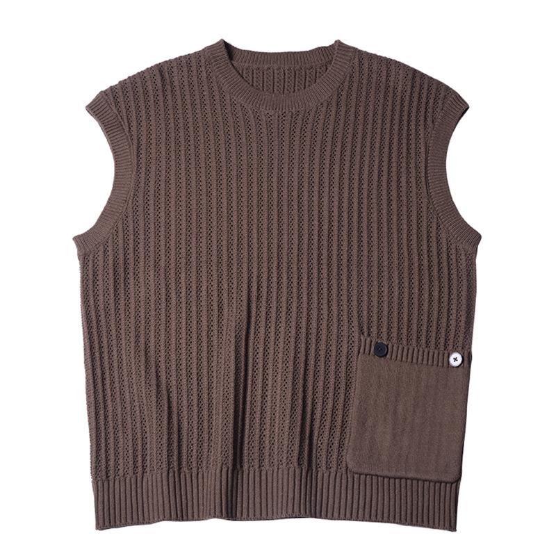 Mens Loose Solid Color Stitching Pocket Round Neck Sweater Vest 01149208Y
