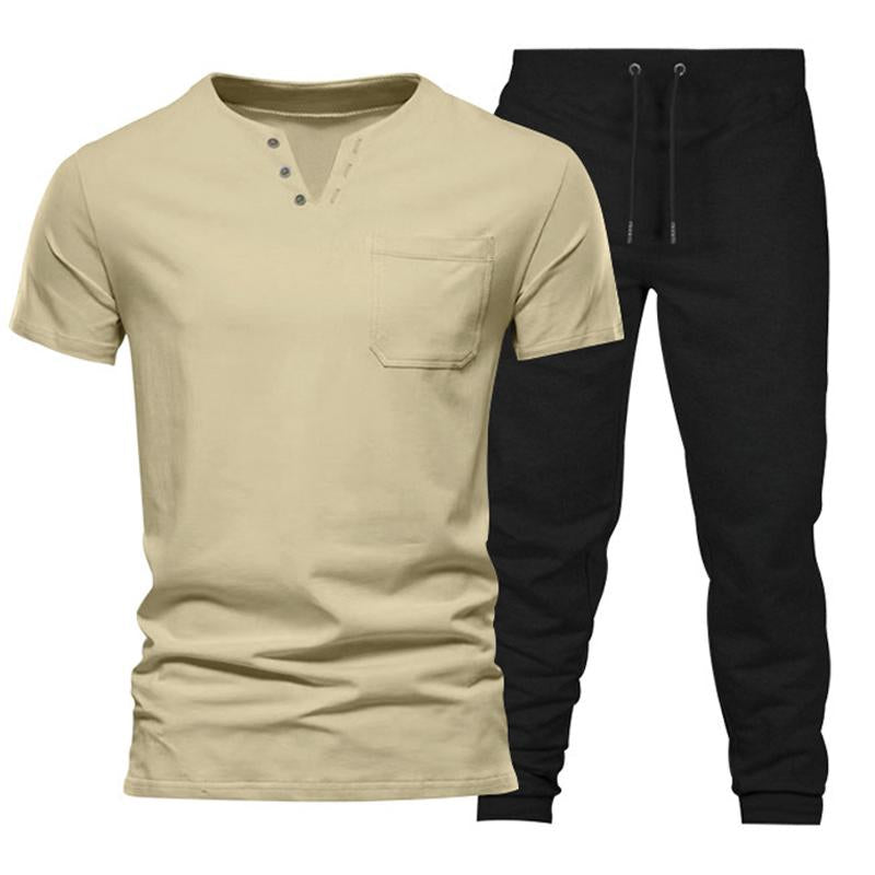 Mens Solid Color V-neck Short-sleeved Trousers Sports Two-piece Set 83772586X