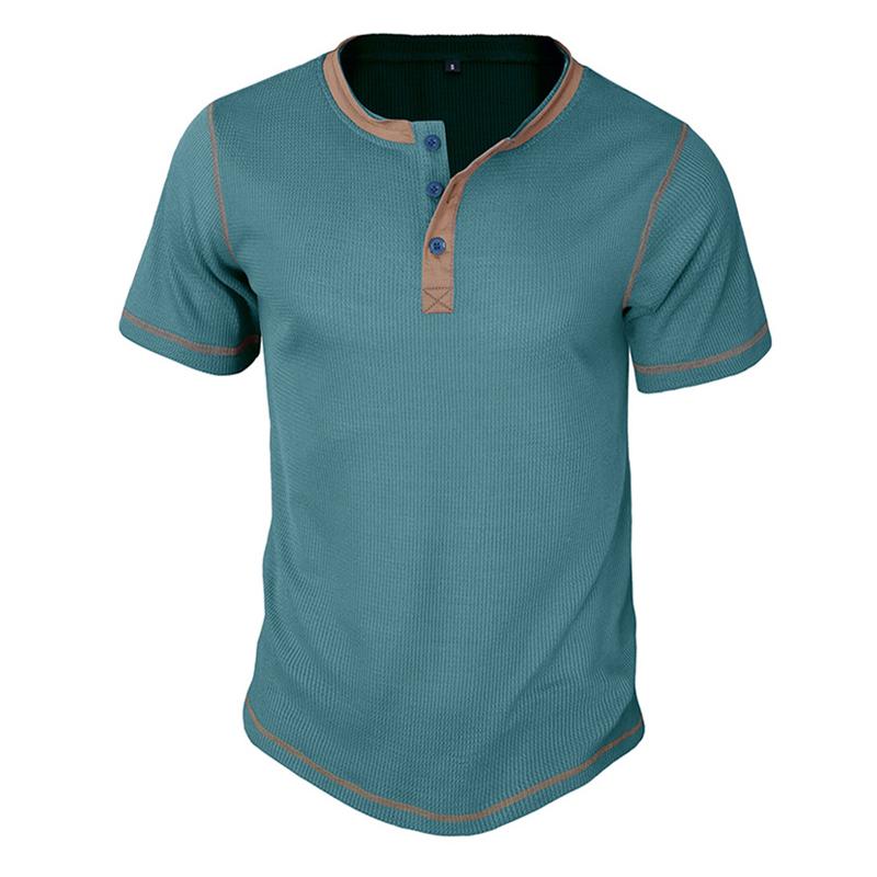 Mens Vintage Waffle Colorblock Short Sleeve Henley T-Shirt 19376028X