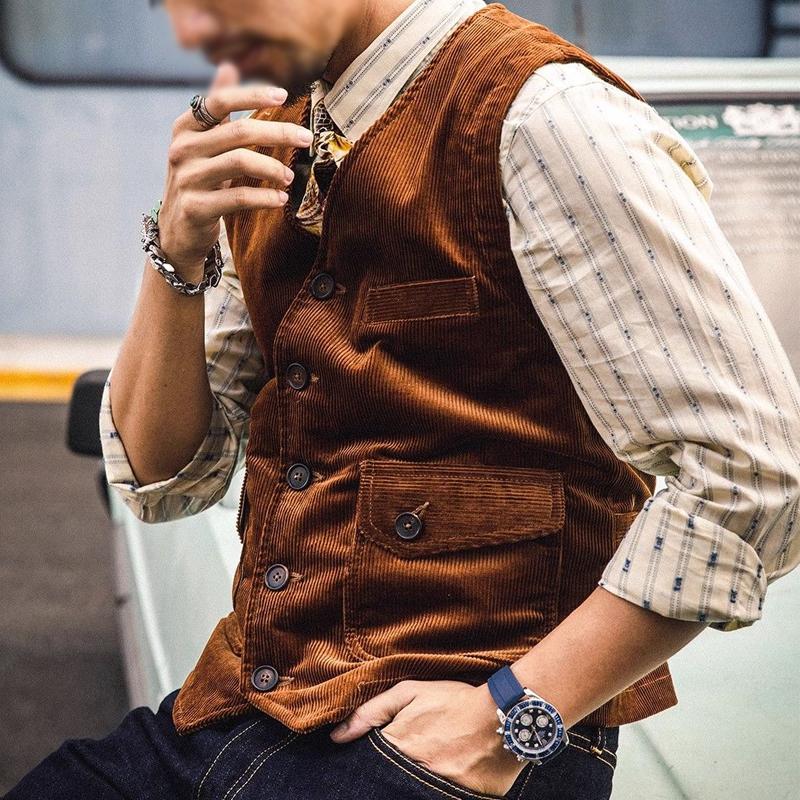 Mens Vintage Corduroy Multi-Pocket Vest 25664460Y