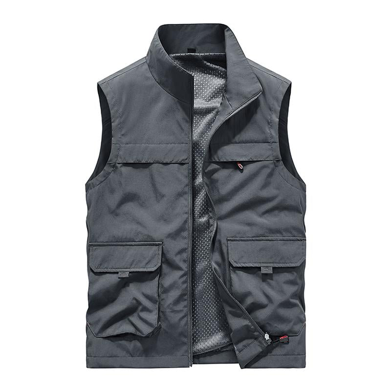 Mens Casual Stand Collar Zipper Multi-Pockets Quick-dry Workwear Vest 69045430M