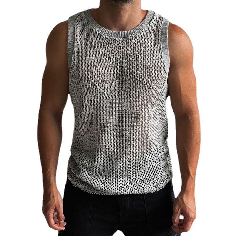 Mens Solid Color Round Neck Sleeveless Hollow Knit Vest 38942658X