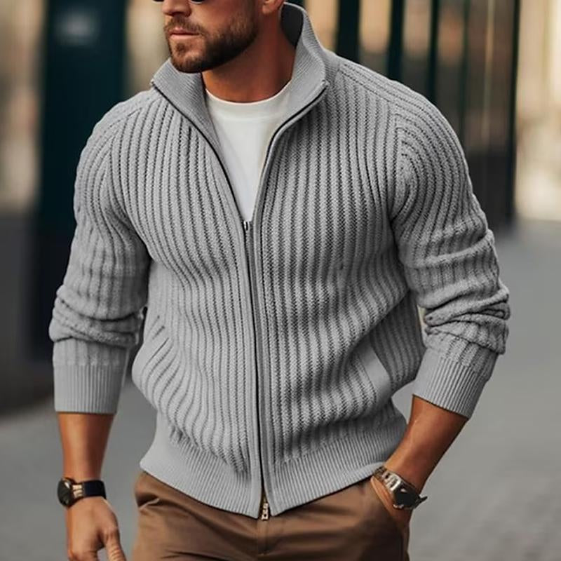Mens Casual Solid Color Stand Collar Zipper Knitted Long-Sleeved Cardigan 49236387M