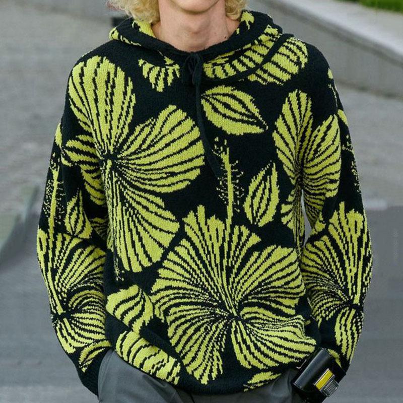 Mens Casual Loose Jacquard Hooded Pullover Long Sleeve Knitted Sweater 34928129M