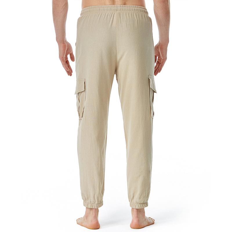 Mens Casual Solid Color Cotton Linen Multi Pocket Trousers 19617055Y
