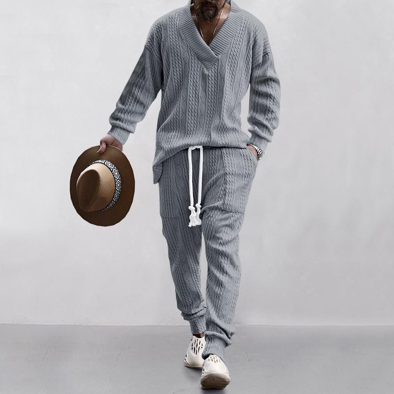 Mens Solid V-Neck Jacquard Knitwear Long Sleeve Top And Trousers Set 04682453Z