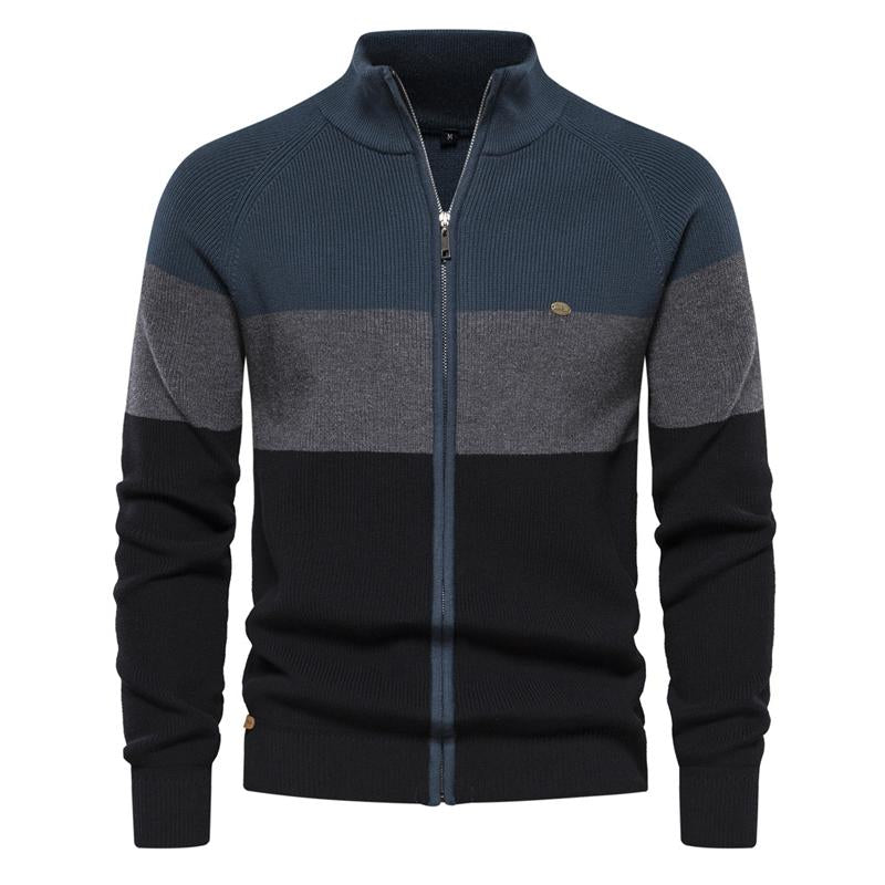 Mens Contrasting Stripe Stand Collar Knit Zipper Jacket 71280590X