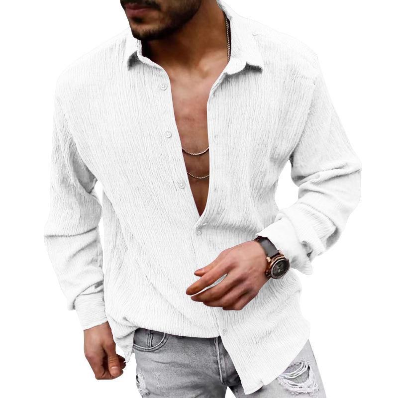 Mens Solid Loose Linen Lapel Long Sleeve Shirt 01526129Z