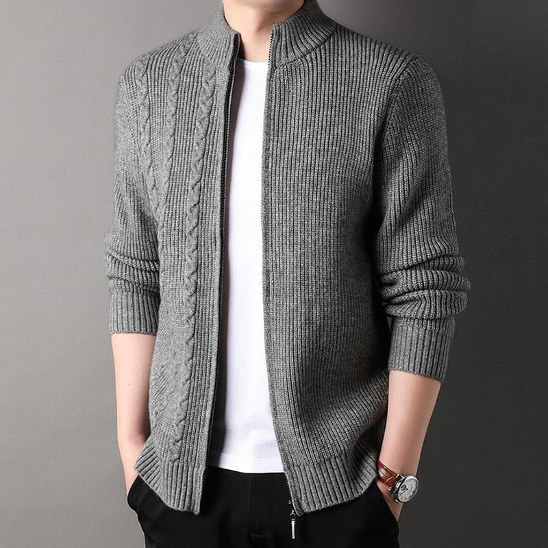 Mens Casual Stand Collar Cable Zipper Long Sleeve Knitted Cardigan 12911469M
