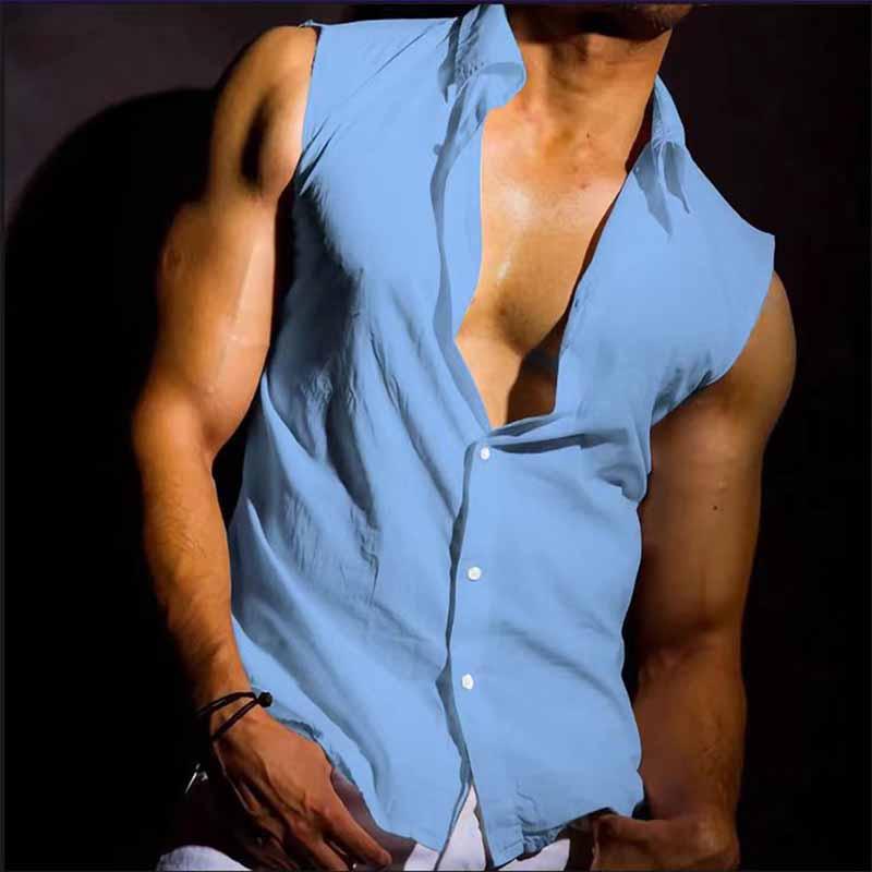 Mens Sleeveless Lapel Loose Solid Color Tank Top 43713277X