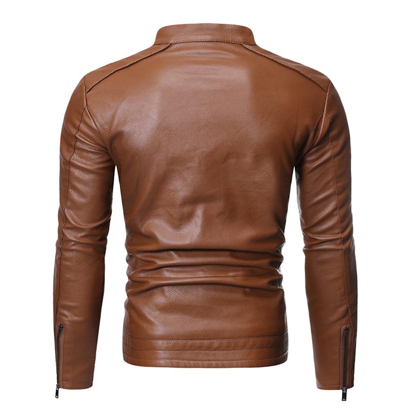 Mens Casual Solid Color Zipper Stand Collar Motorcycle Leather Jacket 91951708M