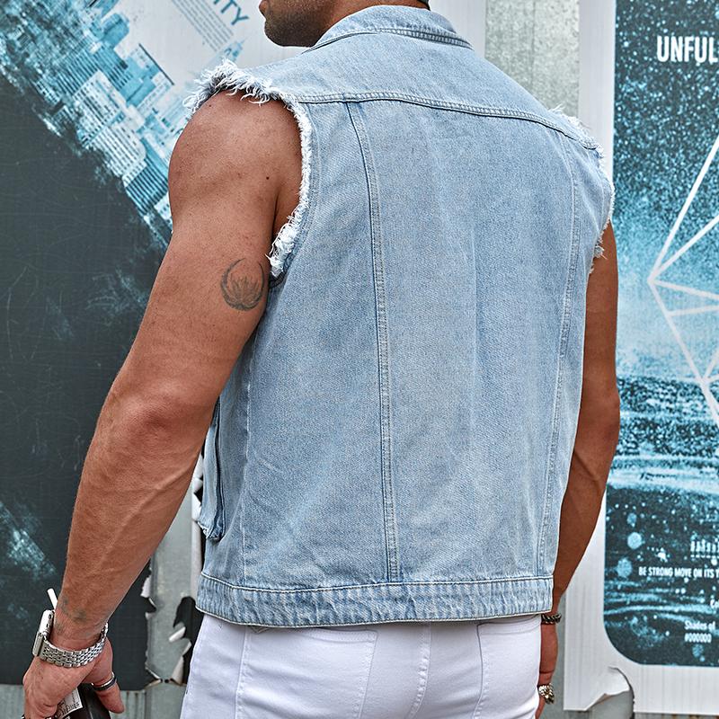 Mens Casual Washed Raw Edge Multi-pocket Lapel Denim Vest 99312269M