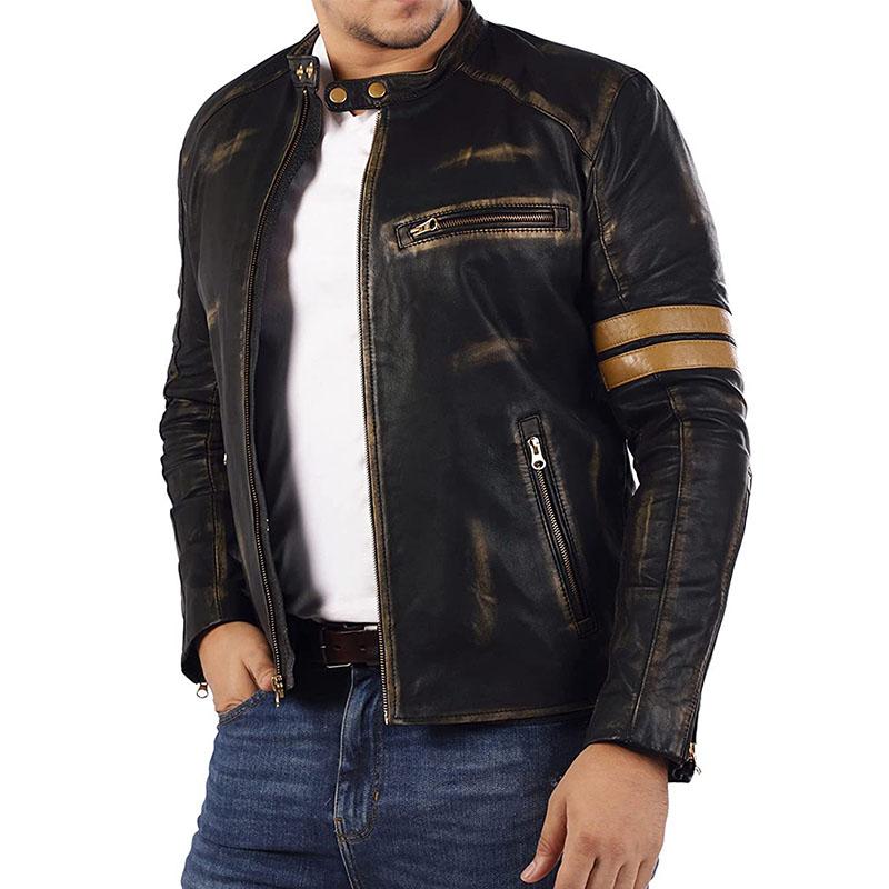 Mens Vintage Distressed Stand Collar Contrast Stitching Leather Jacket 22822210M