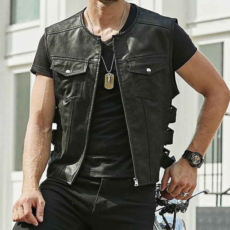 Mens Vintage Solid Color Chest Pocket Collarless Leather Vest 89985087Y