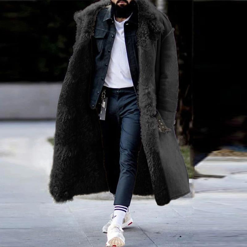 Mens Casual Faux Fur Warm Lapel Thickened Long Coat 43296502M