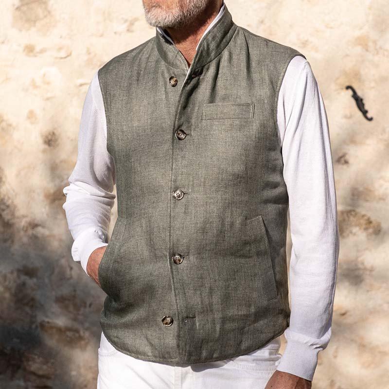 Mens Casual Stand Collar Multi-Pocket Linen Single Breasted Vest 71856913M