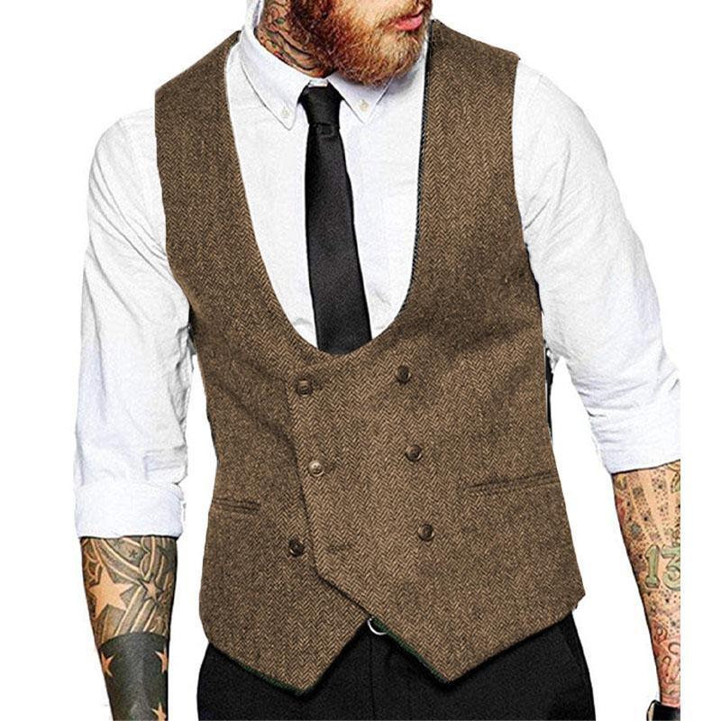 Mens Vintage Solid Color U-Neck Double Breasted Suit Vest 53167688Y