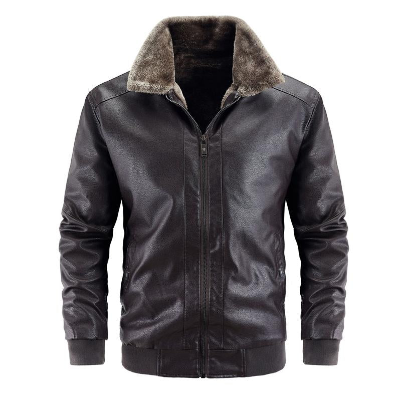Mens Fleece Lapel Zipper Leather Jacket 36382213X