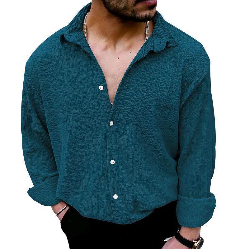 Mens Solid Loose Linen Lapel Long Sleeve Shirt 20359085Z