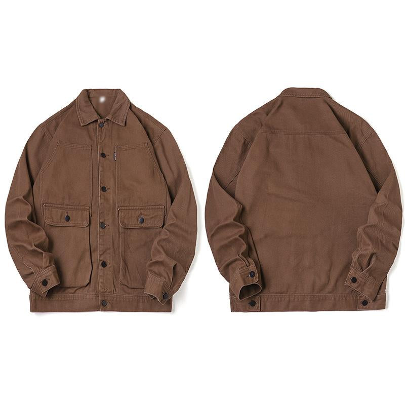 Mens Vintage Solid Color Cotton 3D Pocket Loose Lapel Single-Breasted Jacket 14172939M