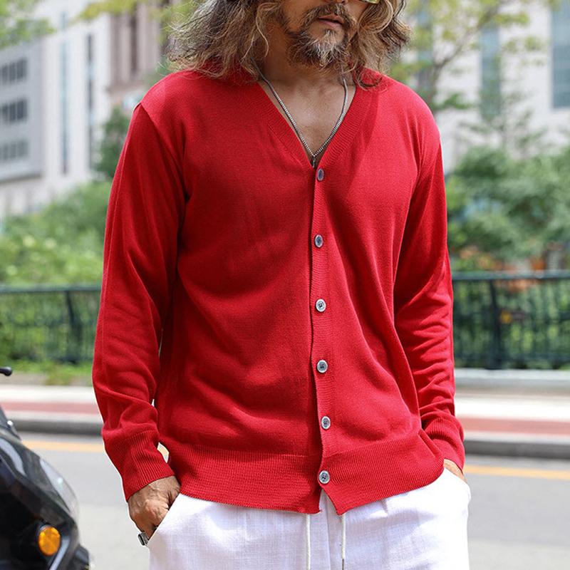 Mens Vintage Solid Color Long Sleeve Collarless Thin Cardigan 37933217Y