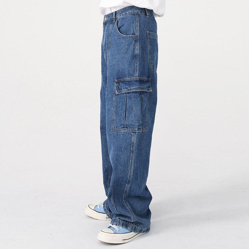 Mens Vintage Washed Multi-Pocket Loose Cargo Jeans 99235980M