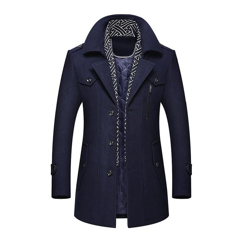 Mens Casual Wool Blend Scarf Collar Warm Mid-Length Lapel Single-Breasted Coat 15758532M